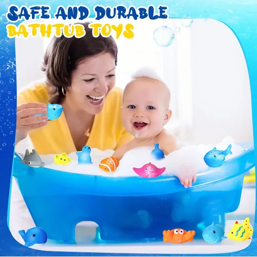 Vista 5 de Poen 100 juguetes de baño de goma a granel, lindos animales marinos, juguetes flotantes, animales chirriantes para fiestas de cumpleaños, regalos