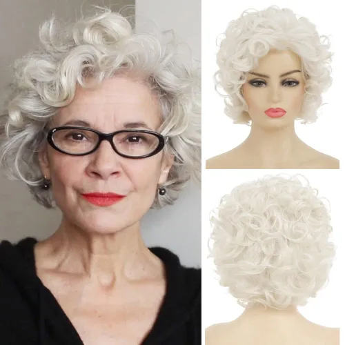 Vista 8 de Pelucas cortas rizadas y esponjosas para mujer, peluca sintética resistente al calor para Halloween, cosplay, peluca de pelo Gris mezclado