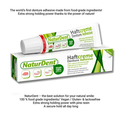 Vista 3 de NaturDent adhesivo natural fuerte para dentaduras postizas que mantiene las dentaduras más largas y más fuertes, sin zinc, sin petroquímica, sin