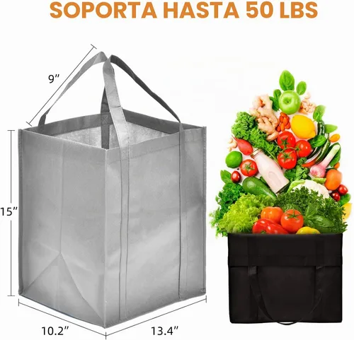 Vista 3 de JERIA Paquete de 24 bolsas de comestibles reutilizables, bolsas de compras grandes y plegables lavables, bolsas de mano resistentes con asas Negro