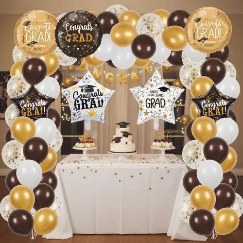 Vista 9 de Juego de decoraciones de globos de aluminio de graduación 2026, 8 globos redondos y de estrella de Congrats 2026 negros y dorados, globos de clase