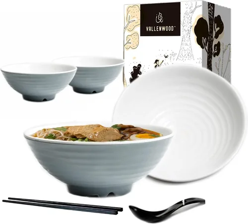 Vista 10 de Juego de 4 cuencos de ramen, 12 piezas Pho. Sopa japonesa asiática negra. Utensilio: cucharas y palillos. Melamina. Fideos grandes de 37 oz, arroz