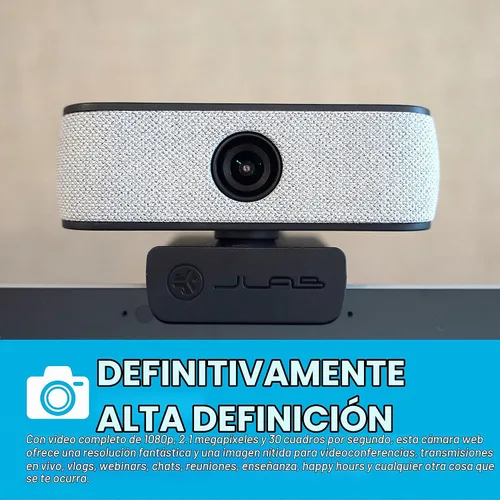 Vista 2 de JLab, JBuds Cam, cámara web USB, enfoque automático de 1080p, micrófono dual, negro con placa frontal blanca
