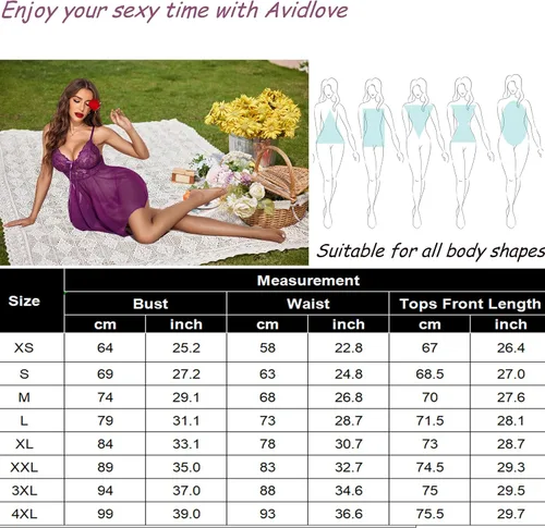 Vista 7 de Avidlove Lencería para mujer, babydoll de encaje, camisón de malla, camisón de noche, lencería seductora