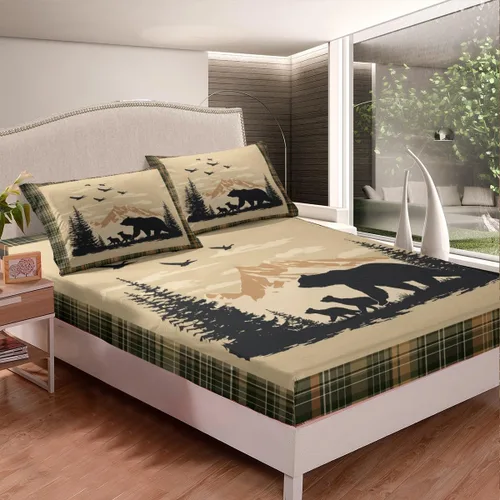 Vista 2 de Sábanas de oso de caza para niños y adolescentes, juego de cama rústico occidental de vida silvestre, sábana bajera para niños y niñas, sábanas