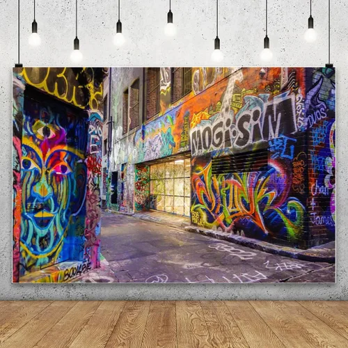 Vista 10 de AOFOTO Fondo de fotografía de pared de graffiti callejero colorido de 4 x 6 pies, decoración de fiesta de club, arte urbano, música punk, concierto