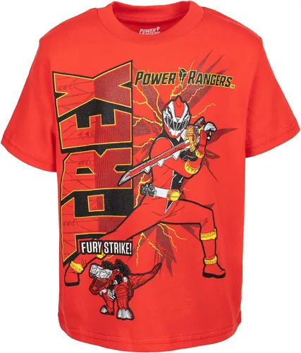 Vista 3 de Power Rangers Conjunto de camiseta verde Ranger, Ranger rojo, camiseta azul Ranger y pantalones cortos de malla para niños pequeños a grandes