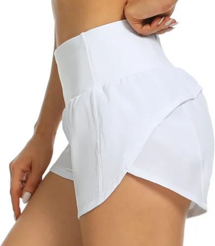Vista 4 de Haowind Pantalones cortos para correr para mujer con bolsillos, cintura alta, pantalones deportivos atléticos, de secado rápido, pantalones cortos