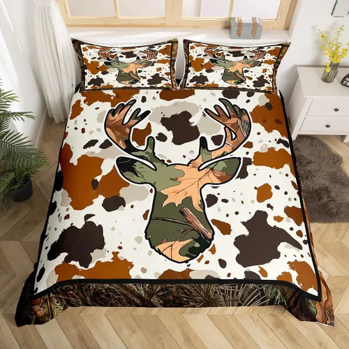 Vista 41 de Funda de edredón de cabaña marrón retro, juego de ropa de cama de retazos con diseño de oso del bosque, ciervos para cabaña rústica, funda de Multi