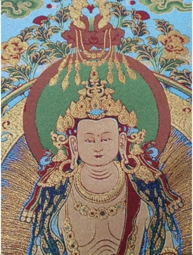 Vista 2 de GEEYOU Bordado de seda tibetano Thangka budismo Maitreya Bodhisattva Longevidad Buddha Tangka Yoga Budista Tapiz colgante de pared Arte de pared