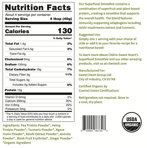 Vista 2 de Cherie Sweet Heart Organic Superfood Smoothie Mix, con cúrcuma, Reishi, guisante y proteína de cáñamo, Acerola y jengibre en polvo, vegano, sin OMG
