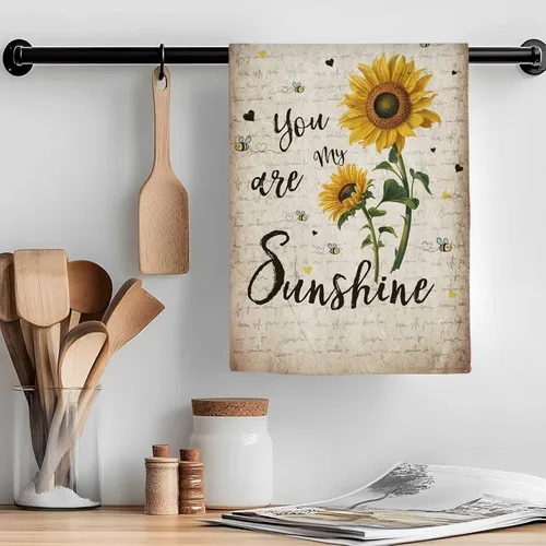 Vista 2 de Toallas de cocina rústicas de girasol, papel de periódico retro marrón rústico de microfibra absorbente para platos de cocina, toalla de baño