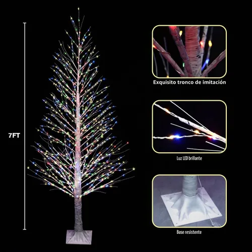 Vista 3 de Árbol de abedul iluminado de 7 pies, 1000 luces LED multicolor con luces parpadeantes, modos parpadeantes o constantes, alambre de alta densidad