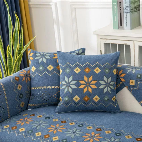 Vista 10 de Funda de sofá de chenilla para sofá modular, diseño geométrico bohemio y jacquard antideslizante, protector de muebles para niños, perros y Azul