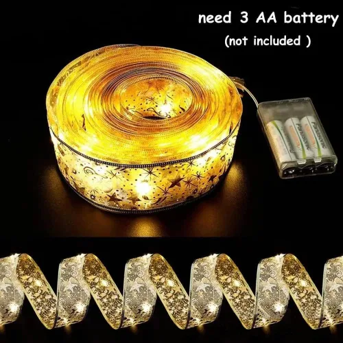 Vista 3 de Hongsome - Luces de cinta para decoración de árbol de Navidad, 32 pies con 100 luces LED, cinta dorada con borde de alambre, luces de hadas