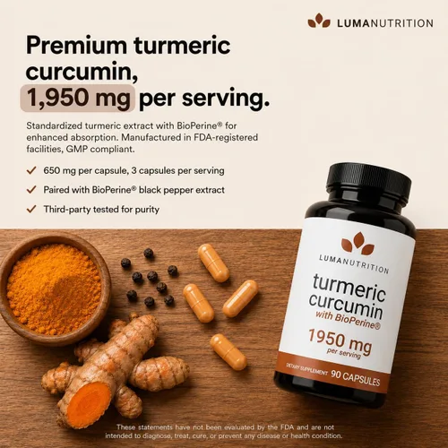 Vista 3 de Luma Nutrition Curcumina de cúrcuma con pimienta negra, 95% curcuminoides, 1950 mg por porción, suplemento de cúrcuma premium, con BioPerine