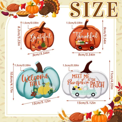Vista 3 de Jetec 4 piezas de decoración de otoño para decoración de Acción de Gracias, letreros de calabaza de madera rústica para decoración de bandejas