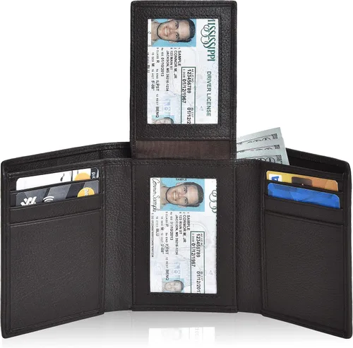 Vista 63 de Cartera de cuero RFID hecha a mano para hombres, elegante cartera de bolsillo frontal triple con 2 ranuras para identificación y 9 tarjetas, Azul