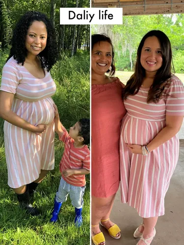 Vista 2 de BBHoping Vestido de maternidad casual a rayas para mujer, manga corta y 34, longitud hasta la rodilla, ropa de embarazo para baby shower