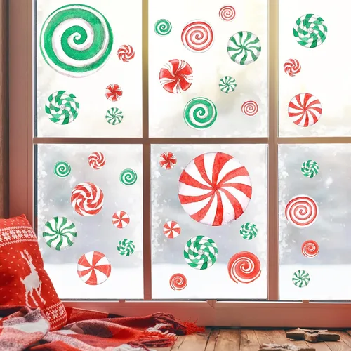 Vista 6 de 78 calcomanías de pared de caramelo de Navidad de acuarela, calcomanías de pared de Navidad, calcomanías de piso de caramelo de menta para Acuarela