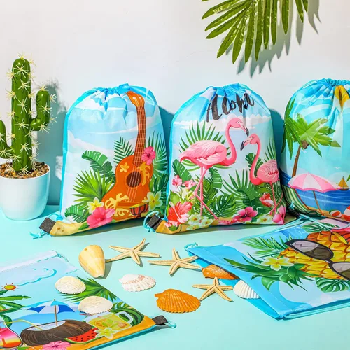 Vista 4 de Frienda 24 bolsas hawaianas para recuerdos de fiesta hawaiana Aloha con cordón, mochila tropical de flamenco, bolsas de regalo para cumpleaños
