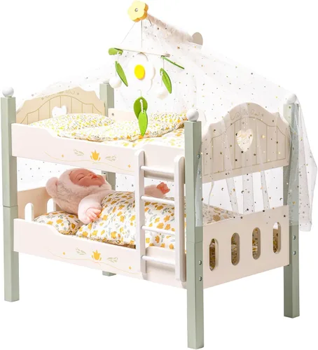 Vista 12 de ROBOTIME Literas de muñeca de bebé, cunas de madera para muñecas de 18 pulgadas, cama apilable para muñecas de muñeca para muñecas americanas