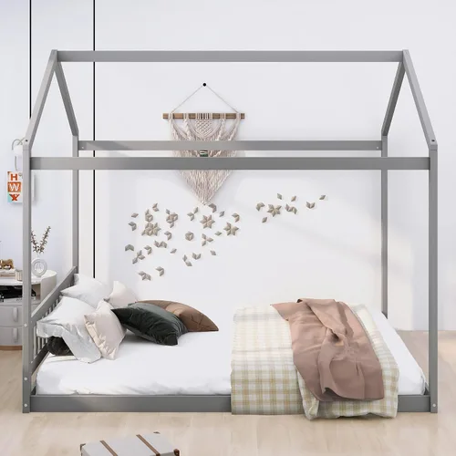 Vista 3 de Merax Cama de madera tamaño Queen con cabecero, no necesita somier, gris
