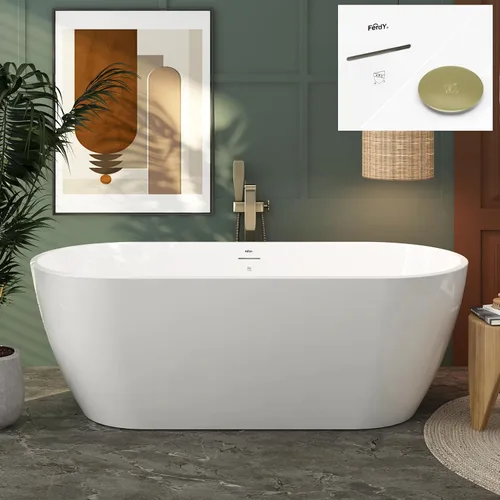 Vista 22 de FerdY Bañera independiente de acrílico Bali de 47 pulgadas, bañera independiente con forma elegante, certificado cUPC, drenaje dorado cepillado