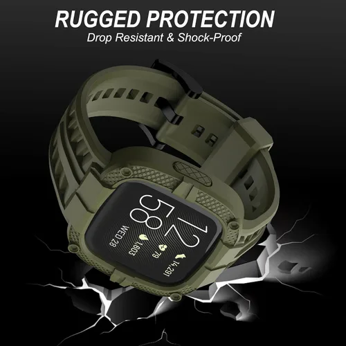 Vista 2 de Compatible con Fitbit Versa 2 bandas con funda, correa protectora para hombres, correa deportiva resistente para reloj inteligente, verde militar