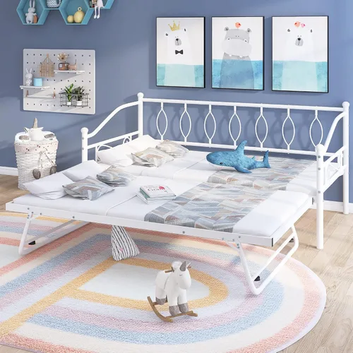 Vista 13 de Sofá cama doble de metal con nido desplegable ajustable, marco de acero resistente, soporte de listones de metal, sin necesidad de somier, cama