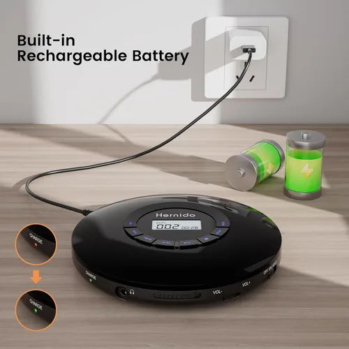 Vista 2 de Reproductor de CD portátil con auriculares, reproductor de CD recargable Hernido para automóvil, Walkman de CD compacto con 5 sonidos