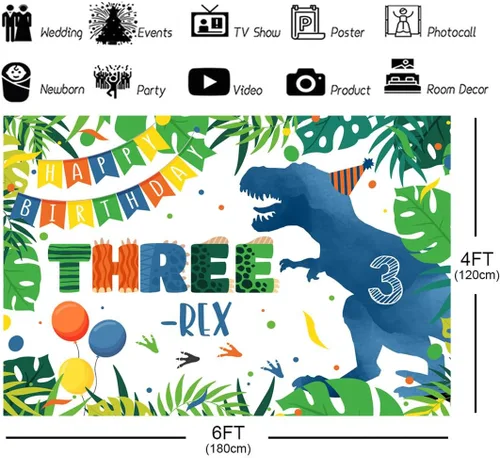 Vista 2 de Telón de fondo de tercer cumpleaños de dinosaurio azul de 6 x 4 pies con dibujos animados de tres rex, hojas de palma verdes, fondo de fotografía