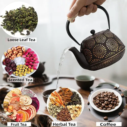 Vista 5 de Tetera japonesa de hierro fundido Tetsubin, hervidor de cocina recubierto de esmalte de 40 onzas (1200ml) con infusor de acero inoxidable y mango