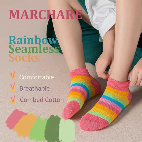 Vista 2 de Marchare Calcetines sin costuras para niñas, calcetines de algodón con rayas de arco iris, paquete de 5