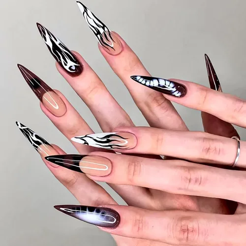 Vista 18 de RIICFDD - Uñas largas a presión con forma de almendra, punta de uñas con lazo grande, color rosa nude, con dijes de lazo negro, uñas postizas