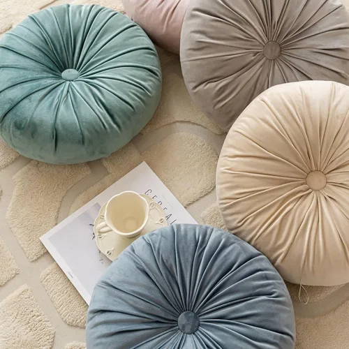 Vista 3 de MOJUN Almohada redonda de terciopelo de color sólido, almohada de piso de calabaza, decoración del hogar, cojín redondo plisado para sofá, silla