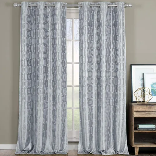 Vista 2 de sheetsnthings Voyage - Juego de 2 cortinas opacas con aislamiento térmico jacquard, 76 pulgadas de ancho x 84 pulgadas de largo, color plateado Plata