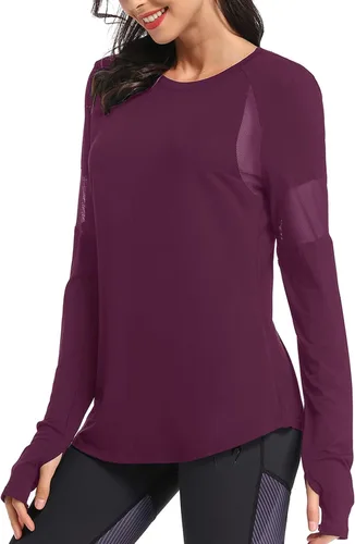 Vista 2 de Muzniuer Camisetas de entrenamiento de manga larga para mujer, camiseta lisa de manga larga para mujer, camiseta deportiva de yoga con agujero