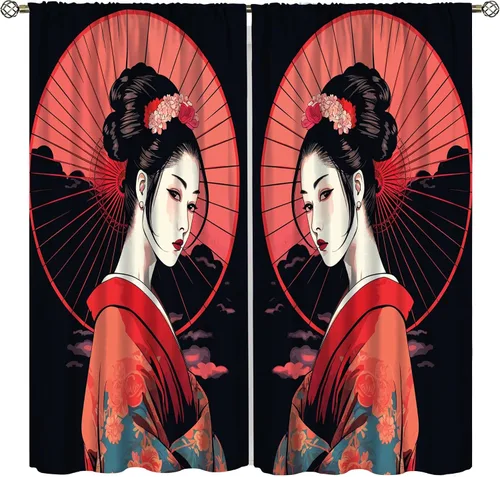 Vista 12 de Cortinas de geisha japonesas, flores rosas, ramas de árbol, sexy, glamour, para mujer, encantador, estética, oriental, con bolsillo para barra
