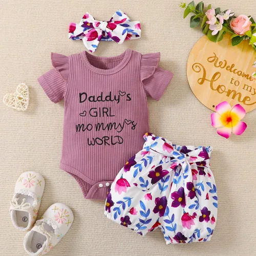 Vista 4 de puseky Conjunto de ropa de bebé para niñas de 0 a 24 meses con letras + pantalones cortos florales + diadema para bebé
