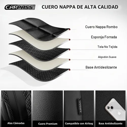 Vista 8 de CAR PASS Juego completo de fundas de asiento de automóvil de piel de napa para automóvil, protector de asiento de lujo para automóviles, Negro