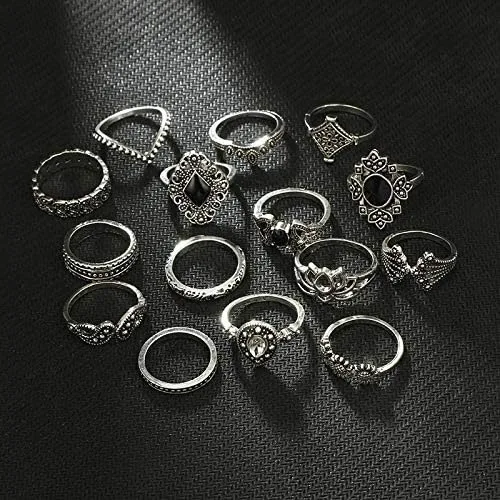 Vista 4 de 6-16 anillos apilables de nudillos para mujeres y adolescentes bohemios vintage apilables dorados plateados juego de anillos de varios anillos