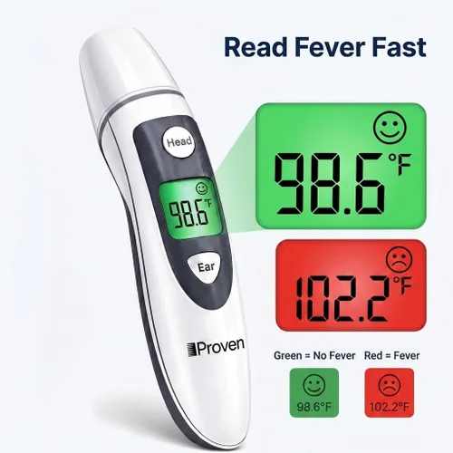 Vista 5 de Termómetro iProvèn para adultos en frente y oído - Alarma de fiebre, lectura en 1 segundo, indicador de temperatura por color, memoria de 20