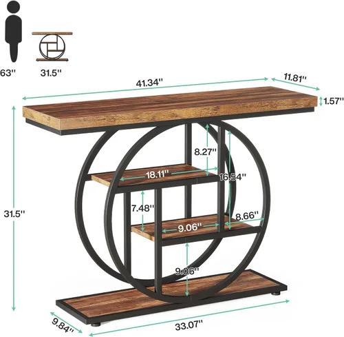 Vista 2 de Tribesigns Mesa de Consola de 41.3", Mesa Industrial de 4 Niveles para Sofá Mesa de Entrada con Base Circular, Mesas de Acento de Madera Estrechas