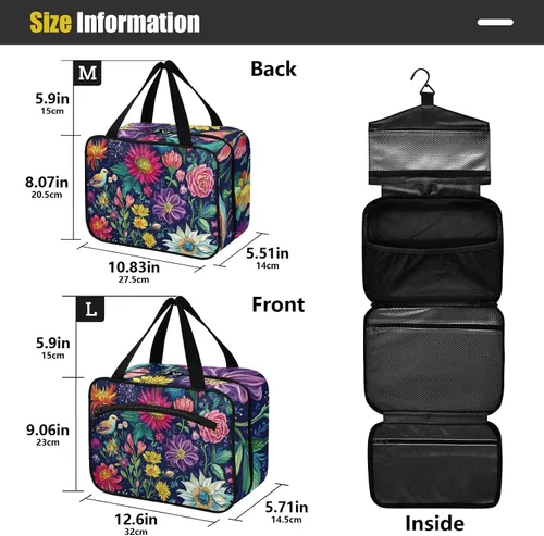 Vista 3 de Flores retro con pintura al óleo de color Siente colgante bolsa de artículos de tocador de viaje con gancho, bolsas lavables de diseñador