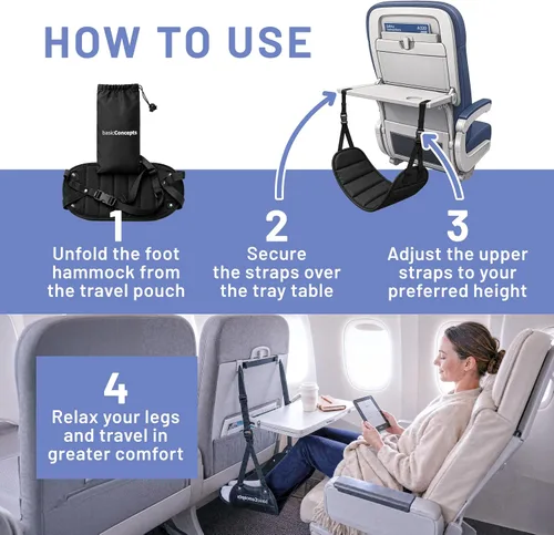 Vista 6 de BASIC CONCEPTS Hamaca de pie de avión para artículos esenciales de viaje en avión, artículos esenciales para viajes en avión, reposapiés de vuelo