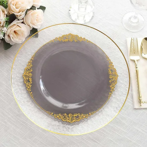 Vista 31 de Efavormart - Paquete de 10 platos de postre barrocos negros y dorados de 8 pulgadas, platos de aperitivo resistentes con borde metálico en relieve