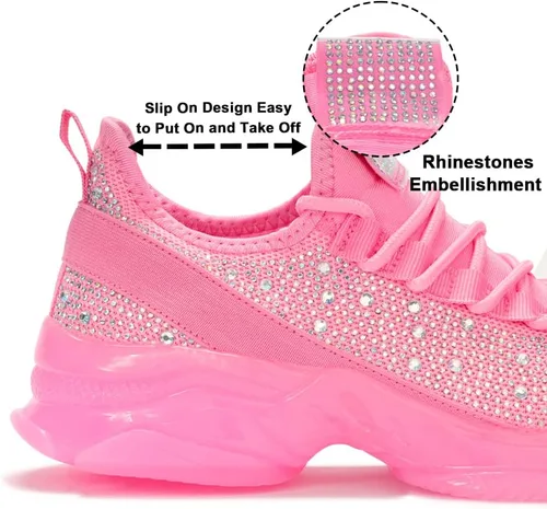 Vista 4 de BELOS Zapatos de mujer con strass de malla sin cordones para caminar, elegantes, con brillo, tenis transpirables