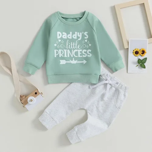 Vista 2 de Conjunto de ropa de bebé para niña, para otoño, invierno, para bebé, papá, mamá, dicho, suéter y pantalones