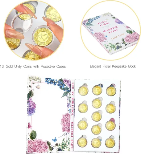 Vista 3 de TINGKU Juego de monedas de oro para boda Arras de Boda, accesorios para ceremonia de boda, moneda Arrhae con caja de colección de libros - Inglés